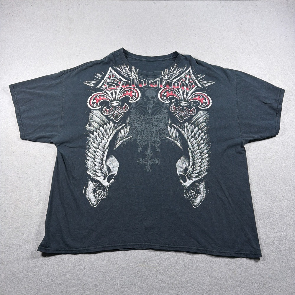 Salvation Skull Wings Fleur-de-Lis Graphic T-Shirt Dark Gray Gothic Y2K
